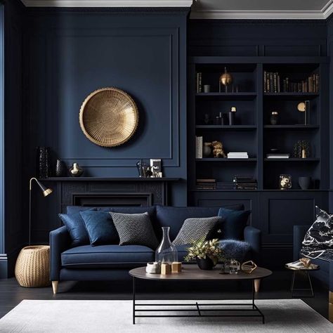 Dark Painted Lounge, Dark Blue Wall Color Paint Colours, Deep Blue Walls Living Room, Dark Blue Gold Living Room, Home Living Room Colors, Dark Blue Study Room, Navy Living Rooms Ideas, Dark Blue Sitting Room Ideas, Deep Navy Blue Paint