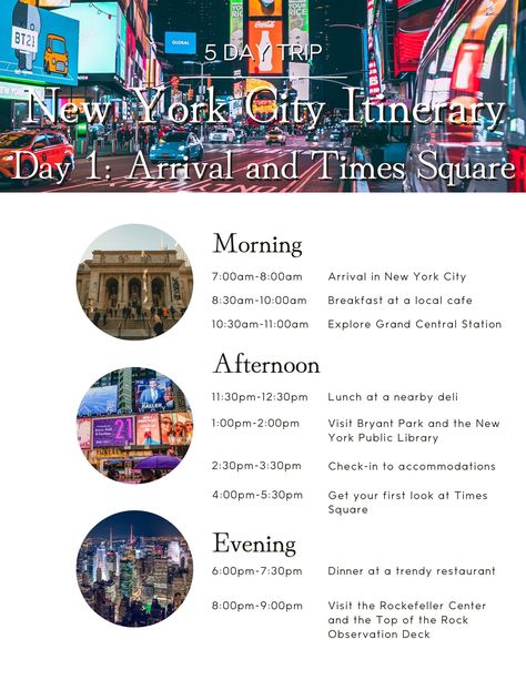 Embark on an unforgettable journey through New York City with our beautifully designed, customizable 5-Day New York City Itinerary Canva Template. This easy-to-use and visually appealing template will guide you through the iconic landmarks, hidden gems, and mouthwatering culinary experiences of the Big Apple. Whether you're a first-time visitor or a seasoned traveler, this itinerary will help you make the most of your New York City adventure. What's included: * A detailed 5-day itinerary with suggested timings, covering major attractions like the Empire State Building, Central Park, Times Square, and the Statue of Liberty, as well as lesser-known spots to explore * High-quality images for each destination, giving you a glimpse of New York City's beauty and charm * Customizable text, colors New York Square Times, 5 Days In New York City, 2 Days In New York City, Nyc Tourist Map, New York Tourist Attractions, New York Trip Planning, New York City Itinerary, Nyc Vacation, Nyc Itinerary