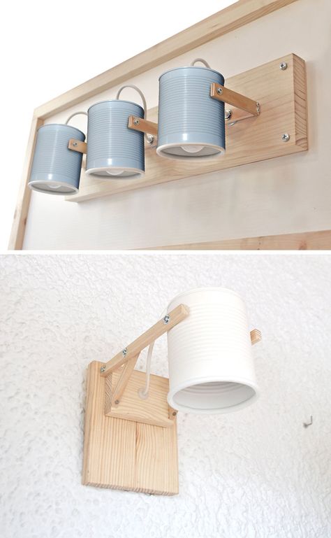 These simple lamps use recycled tin cans as lamp shades Recycled Tin Cans, Diy Lampe, Simple Lamp, Diy Wand, Recycled Tin, Dekor Diy, Modern Wall Lamp, Deco Luminaire, Trendy Living Rooms