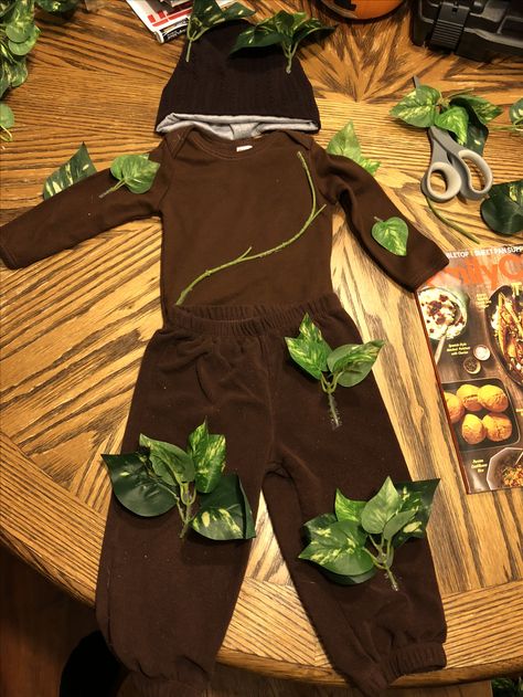 Baby Groot costume idea. DIY baby Groot infant costume. Simple baby Groot costume idea. Baby Groot Costume Infant, Groot Baby Costume, Diy Groot Costume For Kids, Groot Costume Diy, Diy Groot Costume, Groot Costume For Kids, Baby Groot Costume, Monsters Inc Costume Diy, Groot Halloween Costume