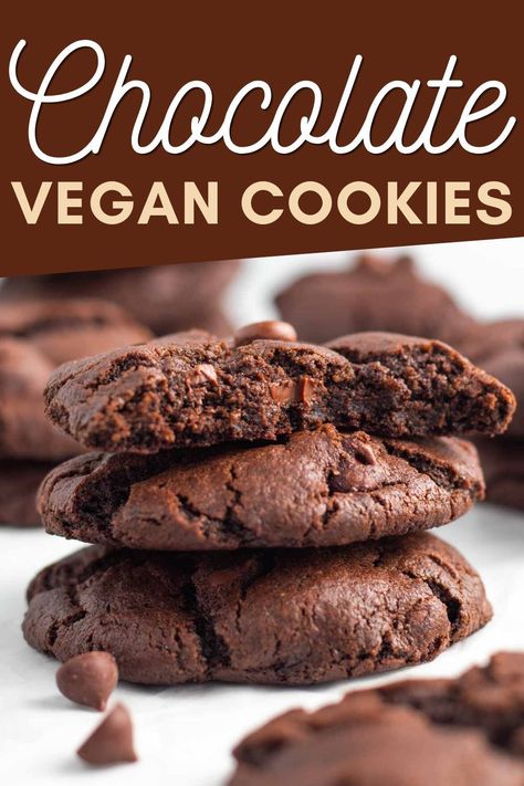 These Vegan Double Chocolate Cookies are super moist, fudgy, and best of all: made using one bowl! You just need some basic baking staples, your favorite dairy-free chocolate chips, and one bowl. Vegan Double Chocolate Cookies, Dairy Free Chocolate Cookies, Vegan Brownie Cookies, Basic Baking, Vegan Chocolate Cookies, Vegan Cookies Recipes, Vegan Chocolate Chip Cookies, Double Chocolate Chip Cookies, Double Chocolate Cookies