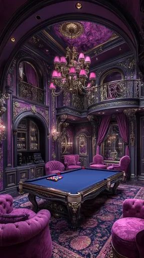 ↑↑↑ Larger size on website 🔸 A luxurious game room with a purple and gold color scheme.  A large, ornate pool table sits in the c Fantasy Game Room, Dark Game Room, Luxurious Game Rooms, Purple Chairs, Luxury Game Room, Grand Chandelier, Dungeon Room, Purple Chair, Gold Color Scheme