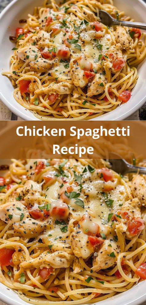 Enjoy homemade flavors with this simple Chicken Spaghetti Casserole recipe! Ez Chicken Recipes Dinners, Chicken Spaghetti Dinner Ideas, Chicken Spaghetti With Vegetables, Chicken Spaghetti Recipe Healthy, Summer Spaghetti Recipe, Church Supper Spaghetti, Chicken And Spaghetti Casserole, Spaghetti Chicken Bake, Easy Dinner Recipes Chicken Spaghetti