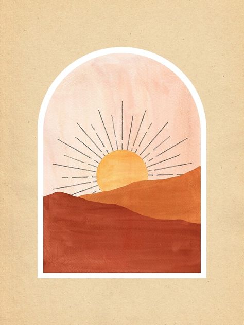 "Warm boho landscape" Art Print by WhalesWay | Redbubble Boho Art Print, Boho Sun Painting, Terracotta Aesthetic Wallpaper, Terracotta Artwork, Terracotta Aesthetic, Boho Sunrise, Sunrise Drawing, Boho Drawing, Boho Images