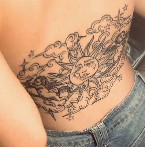 #sun #moon #tattoo #girly #magical #cute #big Back Tattoo, Moon Back Tattoo, Moon Sun Tattoo, Big Moon, Cloud Tattoo, Sun Tattoo, Sun And Moon, Moon Tattoo, Sun Moon