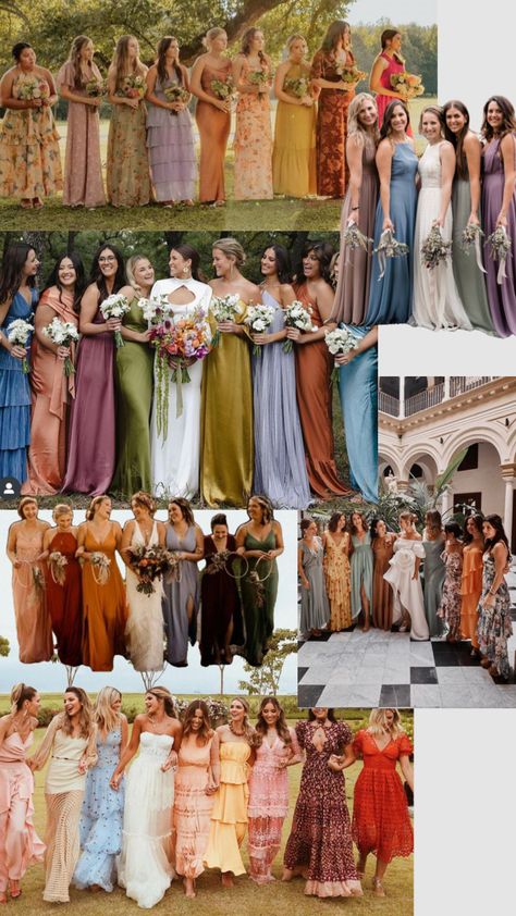 Mix And Match Bridesmaid Dresses Autumn, Bridesmaid Dress Multi Color, Diverse Bridesmaid Dresses, Multiple Colour Bridesmaid Dresses, Different Coloured Bridesmaid Dresses, Unique Bridesmaid Colors, Mix Matched Wedding Party, Multi Colored Bridesmaid Dresses Fall, Multiple Bridesmaid Colors