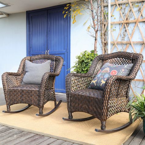 Lark Manor Aiyet Outdoor Rocker Chair & Reviews | Wayfair Outdoor Wicker Rocking Chairs, Outdoor Wicker Chairs, Wicker Rocking Chair, Outdoor Rocking Chair, Rocking Chair Porch, Rocking Chair Set, Chair Metal, Chaise Metal, Metal Chair