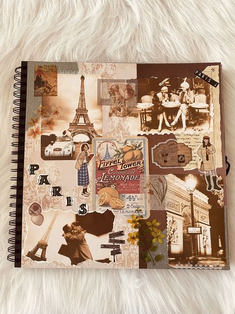 Paris Stickers Vintage, Vintage Theme Scrapbook, Scrapbook Paris Ideas, Retro Journal Ideas, Paris Journal Ideas, Paris Scrapbook Ideas, Retro Scrapbook Ideas, Vintage Aesthetic Scrapbook Ideas, Journal Asethic