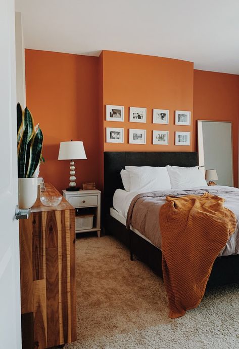 Describe your home’s style in 5 words or less: Cozy, Modern, Boho, Bold, Oasis Orange Accent Wall, Orange Bedroom Walls, Orange Accent Walls, Orange Rooms, Bedroom Orange, Bedroom Accent, Bedroom Wall Colors, Concrete Kitchen, Accent Wall Bedroom