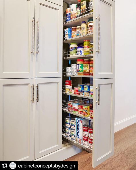 Store, stack and adjust as needed. This Full Extension Pantry Pull-Out features height adjustable trays so you can pile everything in and never lose sight of it. The Dispensa Full Extension Pull-Out Pantry Frame has a load bearing capacity of 265 lbs. and features a heavy-duty full extension runner with integrated soft-close and soft-open. Pull Out Kitchen Pantry, Kitchen Pull Out Pantry Design, Pull Out Cupboard, Pass Through Pantry Ideas, New Kitchen Pantry Ideas, Kitchen Pantry Pull Out, Closed Cabinet Pantry, Pantry With Closed Cabinets, Full Length Pantry Cabinet