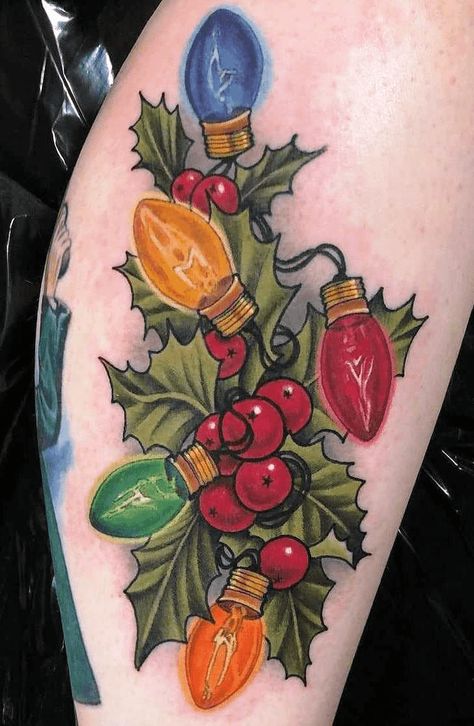 Christmas Tattoo Sleeve For Women, Xmas Tree Tattoo, Christmas Themed Tattoos, Vintage Christmas Tattoo, Christmas Light Tattoo, Christmas Tattoo Holiday, New Years Tattoo, Traditional Christmas Tattoo, Christmas Sleeve Tattoo