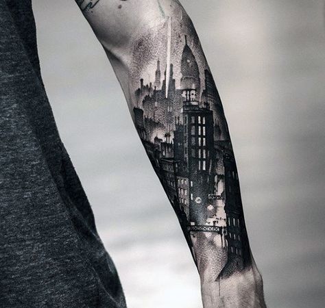 Detailed City Skyline Buildings Mens Sweet Tattoo On Forearms City Skyline Tattoo, Manly Design, Sketch Faces, Building Tattoo, Arm Tattoos For Men, Side Arm Tattoos, Skyline Tattoo, Inner Arm Tattoos, Inner Arm Tattoo