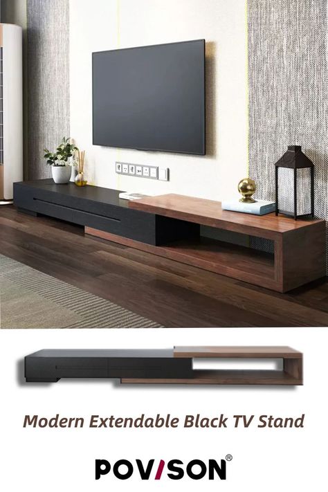 Extendable Tv Stand, 85 Inch Tv On Wall Ideas, Living Room Cabin, Tv Console Design, 70 Inch Tv, Wood Media Console, Black Tv Stand, Cabin Living Room, Living Room Tv Unit Designs