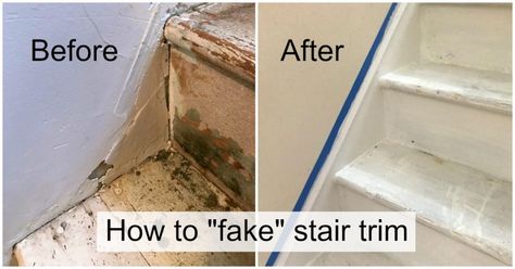 How to fake the look of stair trim - DIY Faux Stair Skirt Board Faux Stair Trim, Stair Trim Ideas Stairways, Stair Skirt Trim Ideas, Stair Trim Moulding Stairways, Diy Stair Trim, Diy Stair Skirt Board, How To Trim Stairs, Faux Stair Skirting Ideas, Diy Stair Skirt