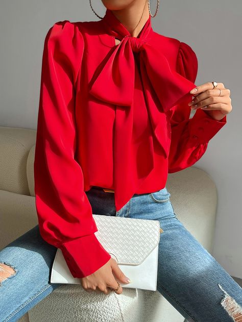 Red Shirt Outfit Women, Tie Neck Blouse Outfit, Red Blouse Outfit, Red Shirt Outfits, Red Blouse Design, Red Top Outfit, Red Dress Shirt, Bishop Sleeve Blouse, Simple Frock Design