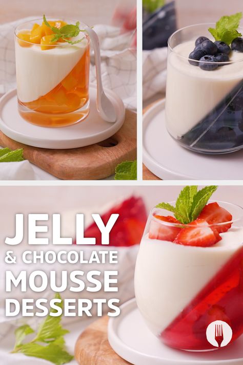 These Jelly & Chocolate Mousse Cups make a refreshing summer dessert 💥🙌🌞 Jelly In Cup, Jelly Cup Ideas, Mini Mousse Desserts, Jello Deserts Ideas, Thanksgiving Party Desserts, Gourmet Party Food, Cafe Style Food, Finger Buffet, Moose Dessert