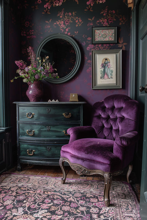 antique bedroom, whimsy goth bedroom, goth bedroom, dark bedroom inspo Elegant Goth Living Room, Whimsical Goth Bedroom Decor, Goth Lounge Room, Dark Green Whimsigoth Bedroom, Small Gothic Apartment, Lavender Goth Aesthetic, Whimsy Goth Room Aesthetic, Maximalist Whimsigoth Bedroom, Green Gothic Decor