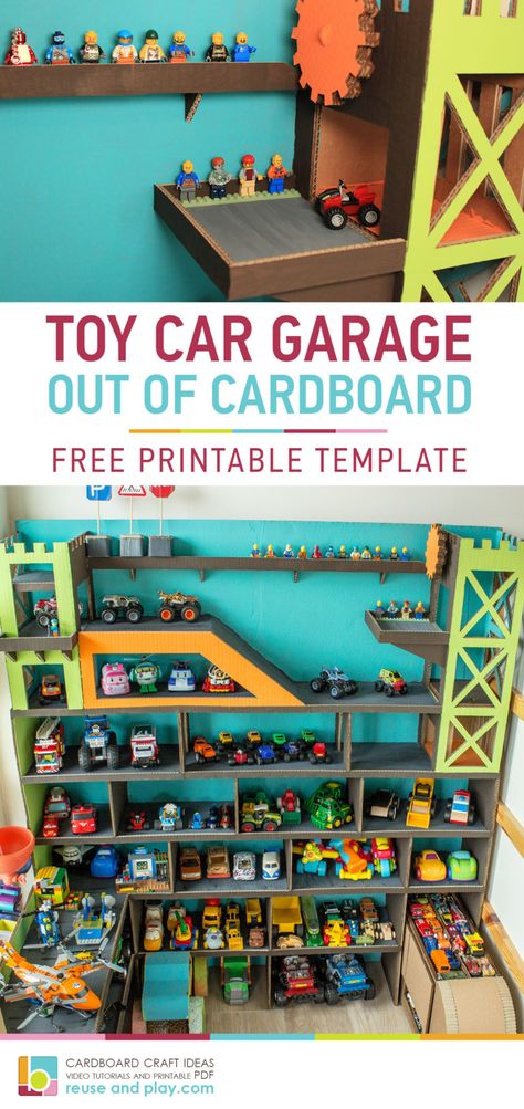 Toy Car Display Garage free Printable Tutorial | Reuse and Play Hot Wheel Parking Garage Diy, Parking Garage For Toy Cars, Cardboard Hot Wheels Garage, Hot Wheels Play Ideas, Toy Car Garage Ideas, Toy Car Garage Diy, Toy Garage Diy, Car Toy Storage Ideas, Diy Toy Car Storage