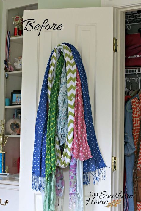 Thrift+Store+Scarf+Organizer Winter Scarf Storage, Scarf Organization Ideas, How To Store Scarves, Scarf Organizer, Scarf Display, Hanging Scarves, Scarf Storage, Ikea Mirror, The Swap