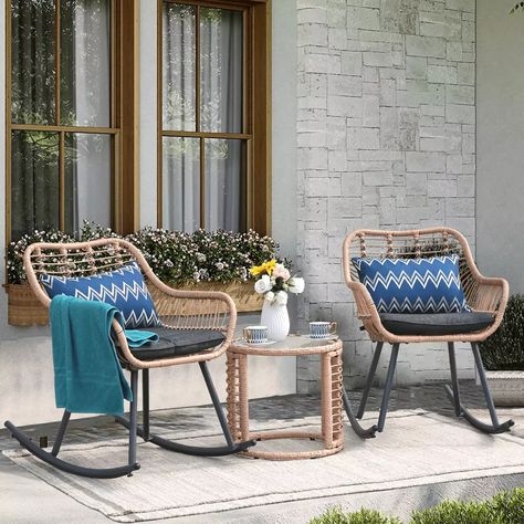 Outdoor Rattan Rocking Chair, Outdoor Bistro Set Patio, Balcony Furniture Set, Metal Rocking Chair, Rattan Rocking Chair, Wicker Rocking Chair, Glass Top Side Table, Outdoor Bistro, Rocking Chair Set