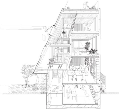 Sectional Perspective Drawing, Prespective Section, Atelier Bow Wow Section, Bow Wow Architecture, Perspective Section Drawing, Sectional Perspective Architecture, Section Perspective Architecture, Wow Drawing, Sectional Drawing