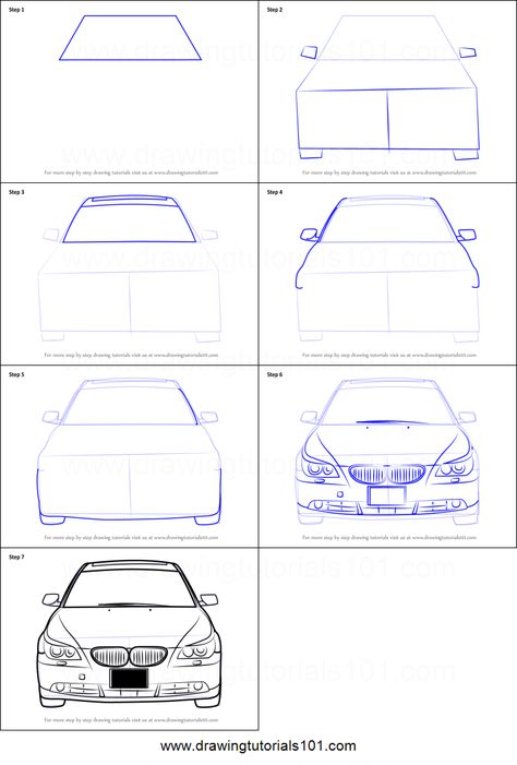 How to Draw Car Front View printable step by step drawing sheet : DrawingTutorials101.com Drawing Car Step By Step, Car Facing Forward Drawing, Car Shading Drawing, Scatch Drawing Car, Car Dashboard Drawing, Car Sketch Step By Step, Car Drawing Sketches Step By Step, Front Of A Car Drawing, Car Drawing Perspective