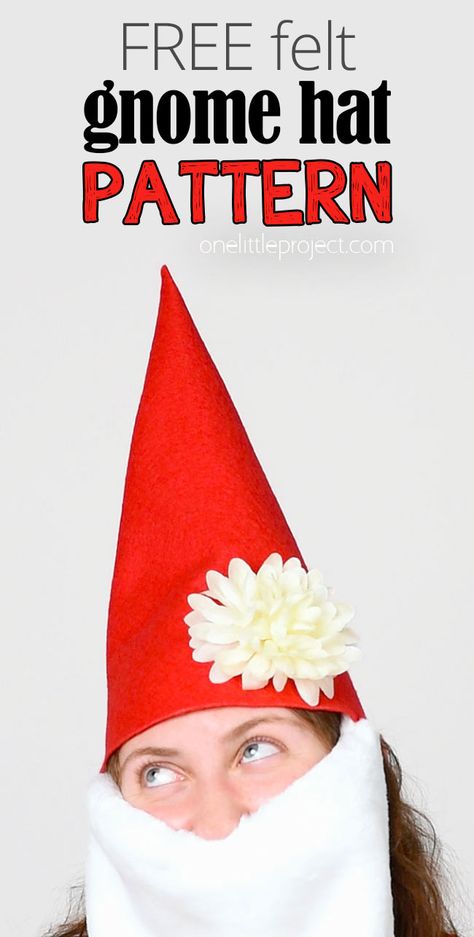 Gnome Hat Pattern | DIY Felt Gnome Hat (Free, Printable Template!) Gnomes Costume Diy, How To Make A Gnome Hat For Costume, Red Gnome Hat, Adult Gnome Hat Pattern, Gnome Costume Hat, Felt Gnome Hat Pattern, Gnome Group Costume, Gnome Hat Adult, Make A Gnome Hat