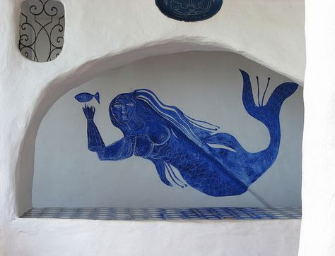 Lovely mermaid at Casapueblo, Punta del Este, Uruguay Mermaid Mural, Ideas Decoracion, Unusual Buildings, Mermaids And Mermen, Blue Mermaid, Tropical Colors, Monday Blues, March 3, Saying Goodbye