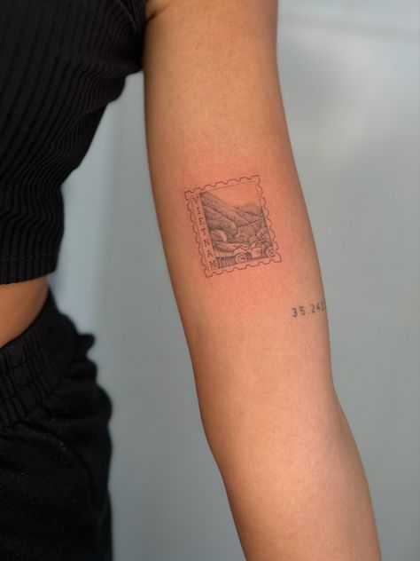 ha giang loop post stamp tattoo Stamp Tattoo Location, Old Stamp Tattoo, Vienna Postage Stamp Tattoo, Fine Line Stamp Tattoo Ideas, German Stamp Tattoo, Greece Postage Stamp Tattoo, Vietnam Stamp Tattoo, Vietnam Tattoo Ideas Design, Post It Stamp Tattoo