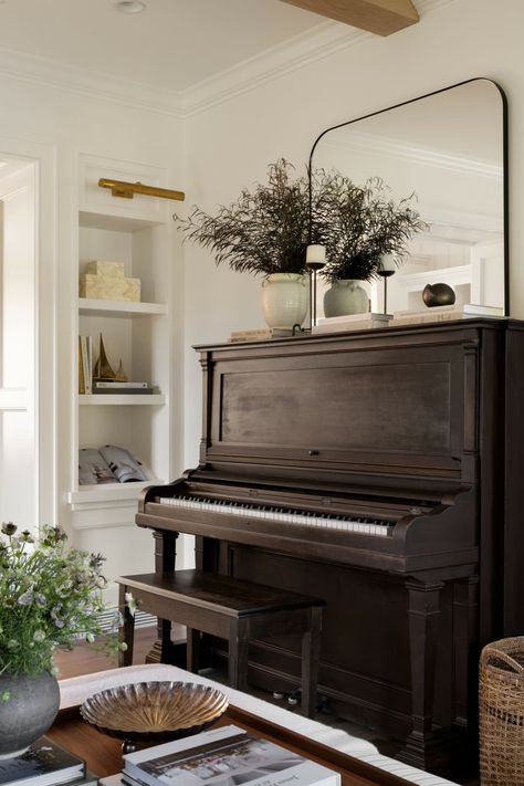 Seven Tips From A Heritage Remodel - Studio McGee Piano Sitting Room Ideas, Upright Piano Decorating Ideas, Studio Mcgee Mantle Styling, White Piano Living Room, Standing Piano In Living Room, Living Room With Upright Piano, Gallery Wall Around Piano, Top Of Piano Decor, Grand Piano In Small Living Room