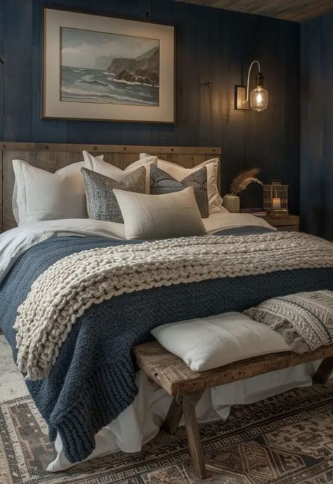 Dark Blue Master Bed, Bright Guest Bedroom, Dark Coastal Bedroom, Woodsy Room, Dark Blue Bedroom Ideas, Coloured Bedroom, Dark Blue Bedrooms, Dark Blue Walls, Boho Bedroom Ideas