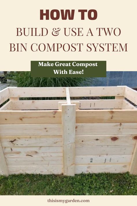 A two bin compost bin made with lumber. From thisismygarden.com. Build Compost Bin, Wooden Compost Bin, Compost System, Outdoor Compost Bin, Compost Bin Pallet, Making A Compost Bin, Compost Bin Diy, Compost Bins, Diy Compost