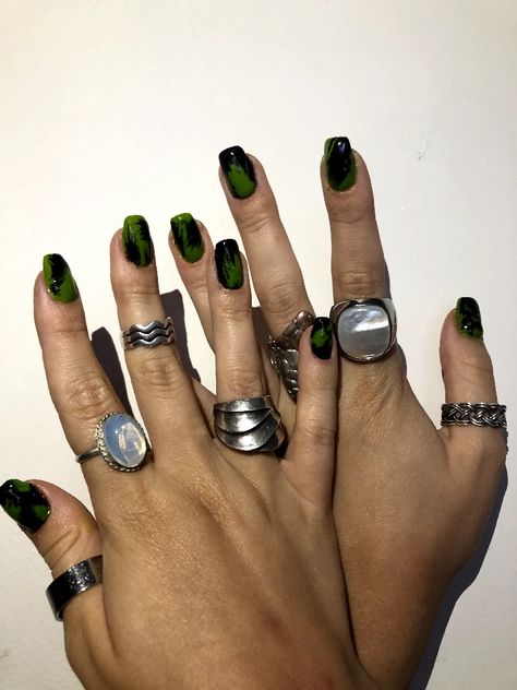 Masculine Painted Nails, Guys With Long Nails, Black And Green Gel Nails, Green N Black Nails, Green Nails Men, Green And Black Nails Acrylic, Ladybug Redesign, Arrow Nails, Mens Manicure