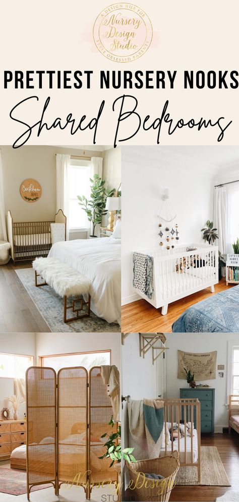 nursery nooks Nursery With Mom Bed, Nursery Nook In Guest Room, Room Sharing Nursery Ideas, Simple Apartment Nursery, Nursery Section In Parents Room, Sharing Nursery With Parents, Living Room Set Up For Newborn, Nursery In Studio Apartment, Nursery Ideas With Bed In Room