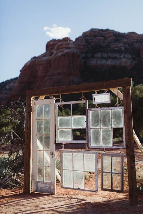 Old Windows, Diy Ceremony Backdrop, Wedding Ceremony Backdrop Diy, Sedona Elopement, Diy Wedding Backdrop, Wedding Ceremony Backdrop, Diy Backdrop, Ceremony Flowers, Ceremony Backdrop