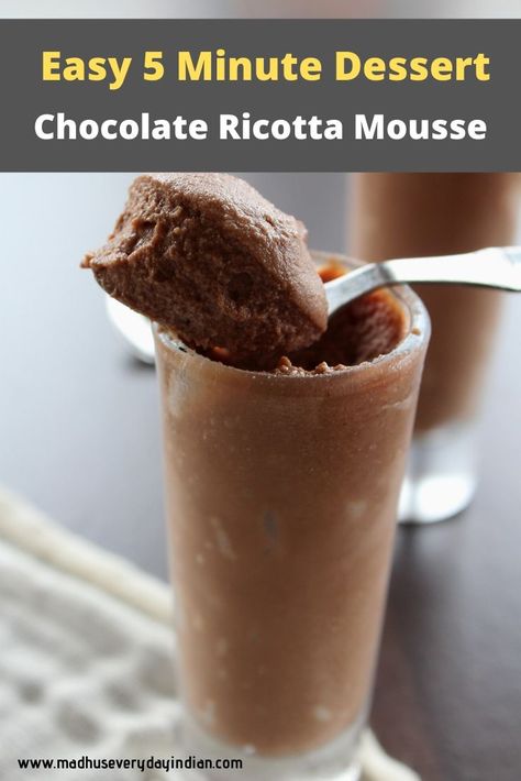 Heavenly Ricotta chocolate Mousse made with just 4 ingredients like coco powder, ricotta cheese, powdered sugar and vanilla extract. Easily done in 5 minutes.  Delicious, quick and tasty dessert made easily in few minutes.  #chocolatemousse #ricottamouse #easydessert #5minutedessert #cocopowder #heavenly # Ricotta Cheese Recipes Dessert, Ricotta Mousse, Ricotta Recipes Dessert, Ricotta Chocolate, Easy Gluten Free Dessert, Chocolate Ricotta, Valentines Day Dessert, Ricotta Cheese Recipes, Easy Gluten Free Desserts