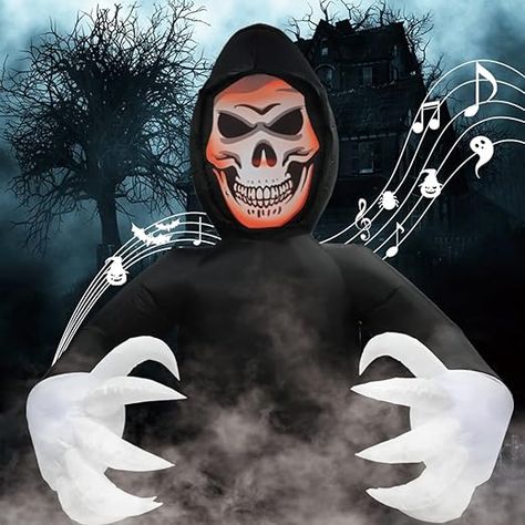 6.5 FT Tall / 8FT Wide Inflatable Grim Reaper with built-in sound source machine (emits scary sounds), 2 water bags and LED lights, includes stakes and ropes. This Halloween inflatable is spooky! Decorated with giant hands and a scary skull with eyes that glow red at night! Easy set up - connect to power supply to inflate, make sure the blower is facing outwards, and it will blow up within minutes. Made of waterproof polyester fabric. Put it in your yard to scare your friends and neighbors!!! Skull With Eyes, Scary Sounds, Grim Reaper Halloween, Scary Skull, Outdoor Halloween Decorations, Outdoor Inflatables, Inflatable Decorations, Halloween Inflatables, Air Blower