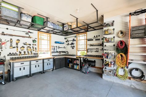 Our Smart Garage! - Chris Loves Julia Man Cave Organization Ideas, Garage Makeover Ideas, Garage Shelving Ideas, Garage Wall Shelving, Garage Wall Storage, Garage Storage Inspiration, Garage Workbench, Garage Organization Tips, Storage Inspiration