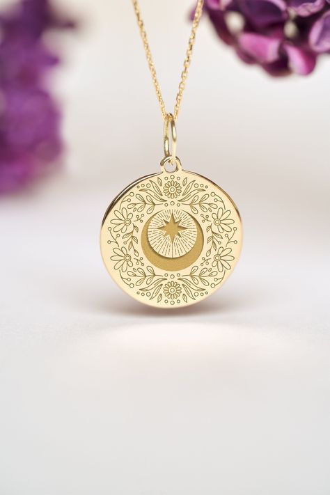 Our 14k Solid Gold Moon And Flowers Necklace can be personalized with a custom engraving on the back of the pendant.  It's a very nice gift for Birthdays, Anniversaries and Weddings. Moon represents calmness, beauty and nurturing. ● 14K SOLID GOLD ● FREE BACK SIDE PERSONALIZATION ● FREE SHIPPING  ● Inner diameter of the jump ring is 4mm ● Pendant thickness is 0.5mm 🇺🇸 All items are HANDMADE IN USA 🇺🇸 All materials are sourced from USA ● Chain Length Options    - Without Chain    - 40 cm / 16 Moon And Flowers, Celestial Pendant, Moon Flowers, Faberge Jewelry, Magical Jewelry, Personalized Pendant, Gold Moon, Celestial Jewelry, Classy Jewelry