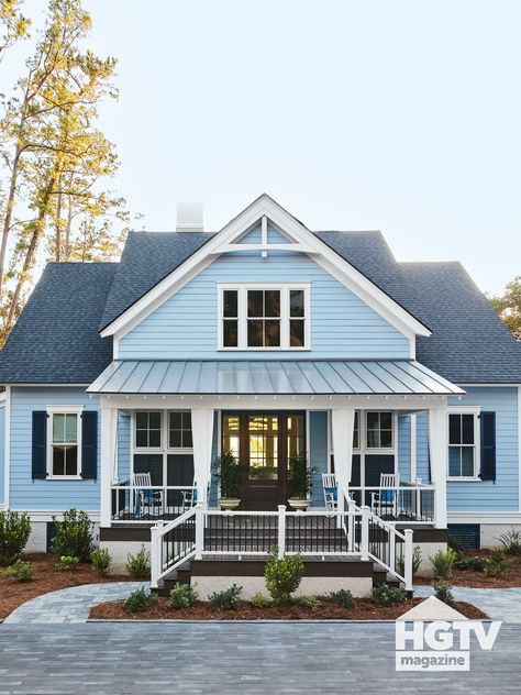 Nautical Blue House Exterior, Light Blue House With Shutters, Light Blue Colonial House Exterior, Light Blue And White House Exterior, Periwinkle Blue House Exterior, Light Blue House Black Shutters, Powder Blue Exterior House, I Want A White House With Blue Shutters, Costal Blue House Exterior