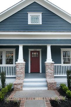 Heights Craftsman Project 2 - traditional - entry - houston - Brickmoon Design Blue House Exterior Red Door, Blue Craftsman Exterior Color Schemes, Craftsman Blue Exterior, Dusty Blue House Exterior, Blue Exterior House Colors, Blue Craftsman, Cape Cod House Exterior, Traditional Entry, Siding Trim