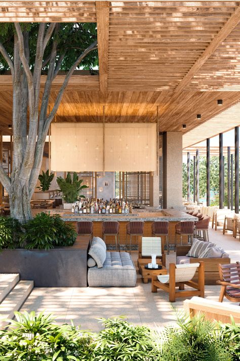 Resort Restaurant Design, Forest Bar, Forest Dining, Water Restaurant, Forest Restaurant, Auberge Resorts, 1 Hotel South Beach, Design Terrace, Resort Restaurant