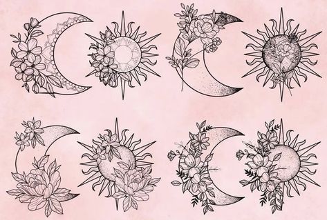 Floral Best Friend Tattoos, Sun And Moon Chest Tattoo, Astrological Tattoos, Enchanted Tattoo, Bestie Tats, Tattoo Sun, Themed Tattoos, Moon Sun Tattoo, Tattoos Traditional