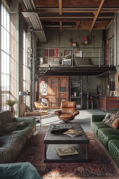 ♥ Searching for industrial living room inspiration? 🏢 Step into this modern industrial loft apartment with vintage decor and rustic industrial shelving. Find ideas for your cozy urban space with a touch of dark, soft, grey, and black accents. Perfect for a unique Industrial home design! 🛋️🏙️ Modern Industrial Loft Apartment, Industrial Living Rooms, Industrial Loft Apartment, Loft Apartment Industrial, Modern Industrial Loft, Modern Industrial Living Room, Industrial Decor Living Room, Industrial Living Room Design, Industrial Living Room