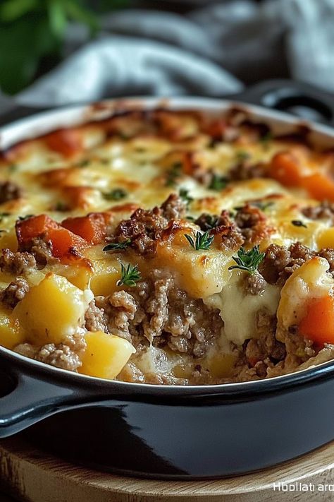 hobo casserole Casserole Pot Recipes, Bell Pepper Ground Beef Recipes, One Pan Make Ahead Dinners, Casserole Beef Recipes, Make Ahead Oven Dinners, Ground Beef Recipes Make Ahead, Hearty Ground Beef Recipes, Reheat Dinner Meals, Baked Potato Ground Beef Recipes