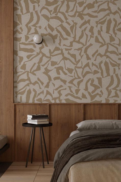 This sand colored wall mural is inspired and created from the craft of ceramics. The pattern is made by hand while working with different colored stoneware clays that are rolled out in different directions. This graphic japandi wall murals ads warmth and simplicity to your timeless space with an organic feel. Wabi Sabi Bed, Wabi Sabi Bedroom Design, Japandi Wallpaper, Wabi Sabi Bedroom, Minimal Bedroom Design, Organic Modern Bedroom, Wabi Sabi Interior, Japandi Wall, Modern Mural