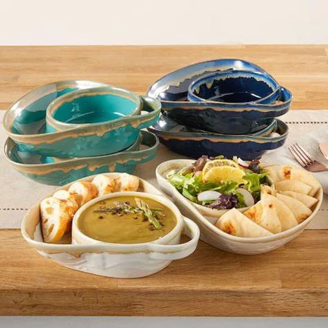 Set of 2 Soup & Side Bowls | Stoneware | Kitchen Serving Tray Set | Chip and Dip Set with Handle | Kitchenware | Salad Cracker Chili Bowl Cracker Dip, Soup Bowls With Handles, Chip And Dip Sets, Bowl Tray, Serving Tray Set, Red Bowl, Chip And Dip Bowl, Chili Bowl, Chip And Dip