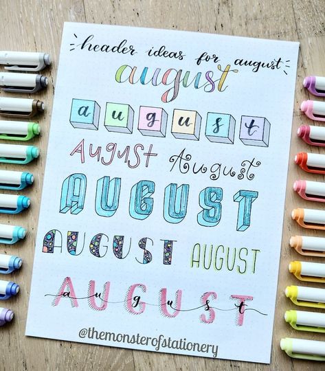 Stationery Monster on Instagram: “Since August is the 8th month of the year here are 8 header ideas for it 😊 . . . . . . . . . . #bulletjournal #bujo #bulletjournaltracker…” Arrow Ideas, 8th Month, Bullet Journal Titles, Header Ideas, Bullet Journal Headers, Bullet Journal 2020, Bullet Journal Font, Bullet Journal Banner, Journal Fonts