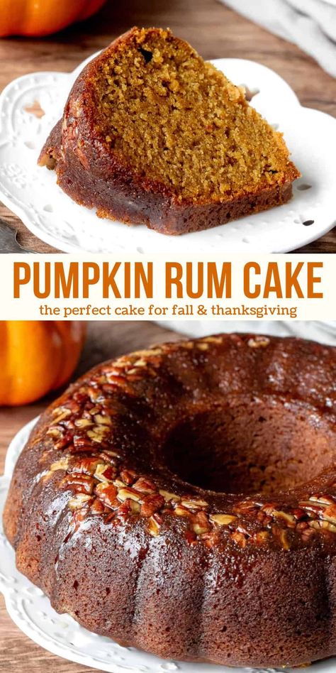 This delicious pumpkin rum cake is incredibly moist with a comforting pumpkin spice flavor. It's soaked in a butter rum sauce that complements the pumpkin perfectly to create an elevated, but simple, fall dessert. #pumpkinrumcake #pumpkincake #pumpkin #pumpkinspice #rumcake #rumsoakedcake #thanksgiving #dessert #fallcake #fallrecipe #pumpkinspice from Just So Tasty Pumpkin Bundt Cake With Butterscotch Pudding, Broma Bakery Pumpkin Coffee Cake, Pumpkin Rum Bundt Cake, Pumpkin Toffee Cake, Box Cake Pumpkin Recipes, Pumpkin Bourbon Cake, Pumpkin Pound Cake Recipes Moist, Rum Carrot Cake, Pumpkin Rum Cake Pioneer Woman