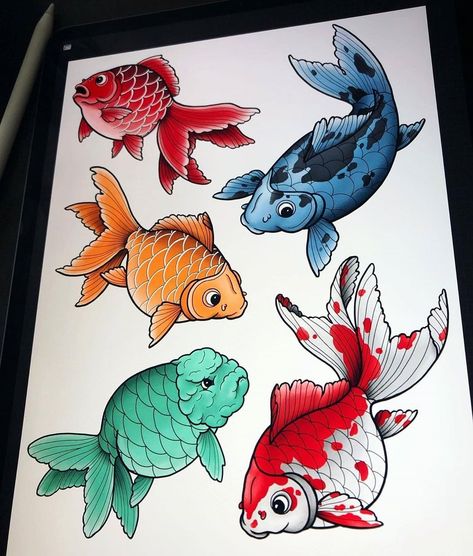 Japanese Goldfish Tattoo, Fish Art Design, Traditional Viking Tattoos, Goldfish Tattoo, Koi Fish Art, Koi Tattoo Design, Dragon Tattoo Back Piece, Goldfish Art, Dragon Sleeve Tattoos